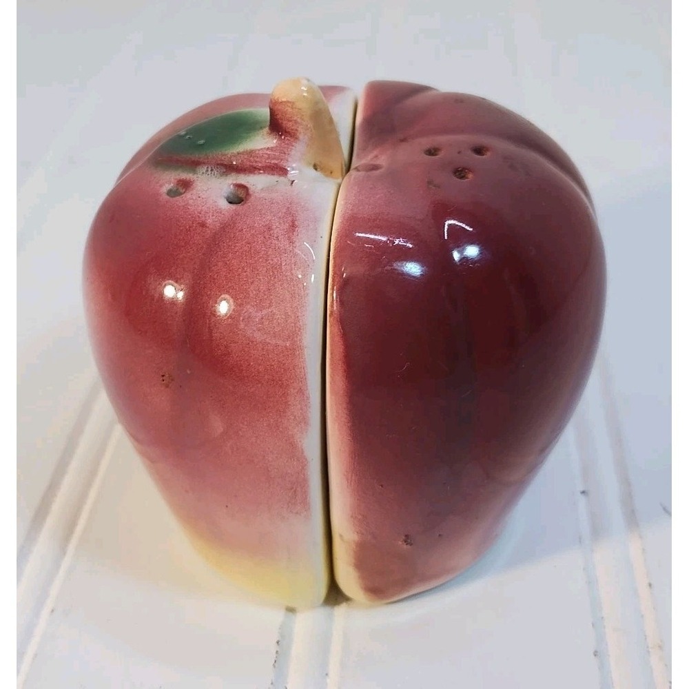 Vintage Ceramic Apple Halves Salt & Pepper Shakers CottageCore Country Red 2 PC